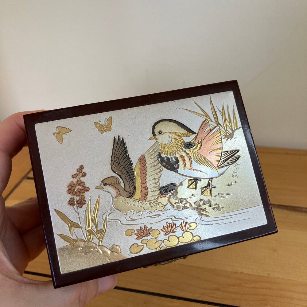 Art of Chokin Small Jewelry Trinket Box Vintage Metallic Wood Duck Design